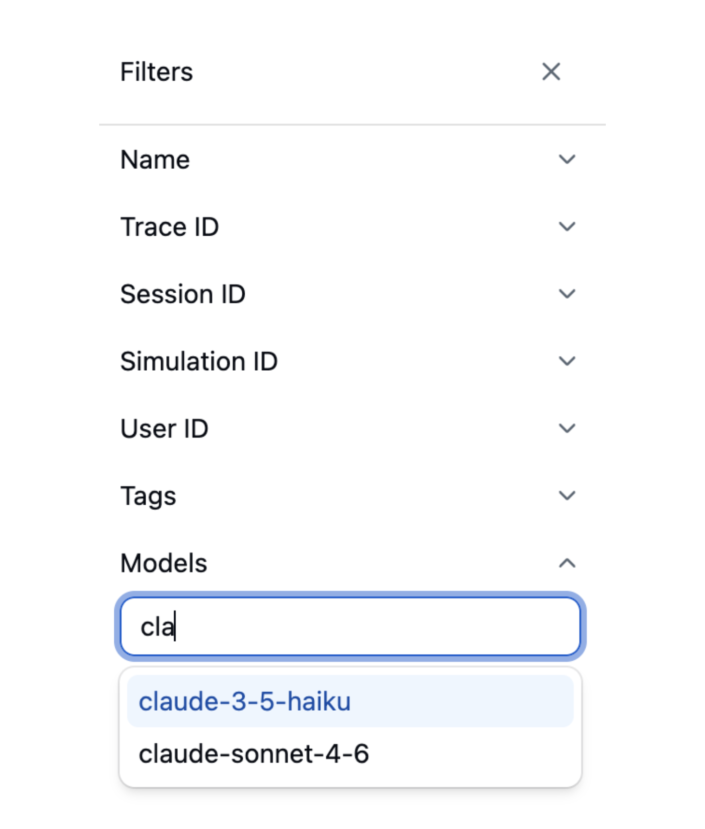 Filters panel showing model filtering on the Traces page