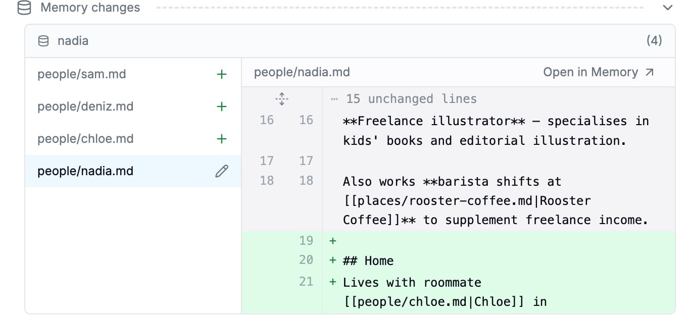 The Memory changes panel on a session detail, showing per-record diffs grouped by store