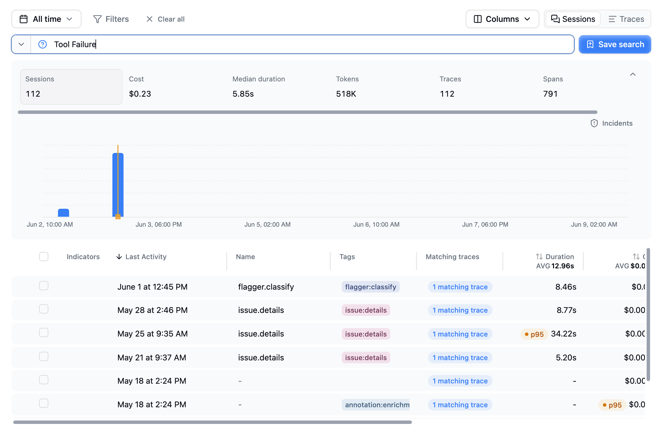 The Traces page with a search query active: the search bar, summary metrics, and matching results