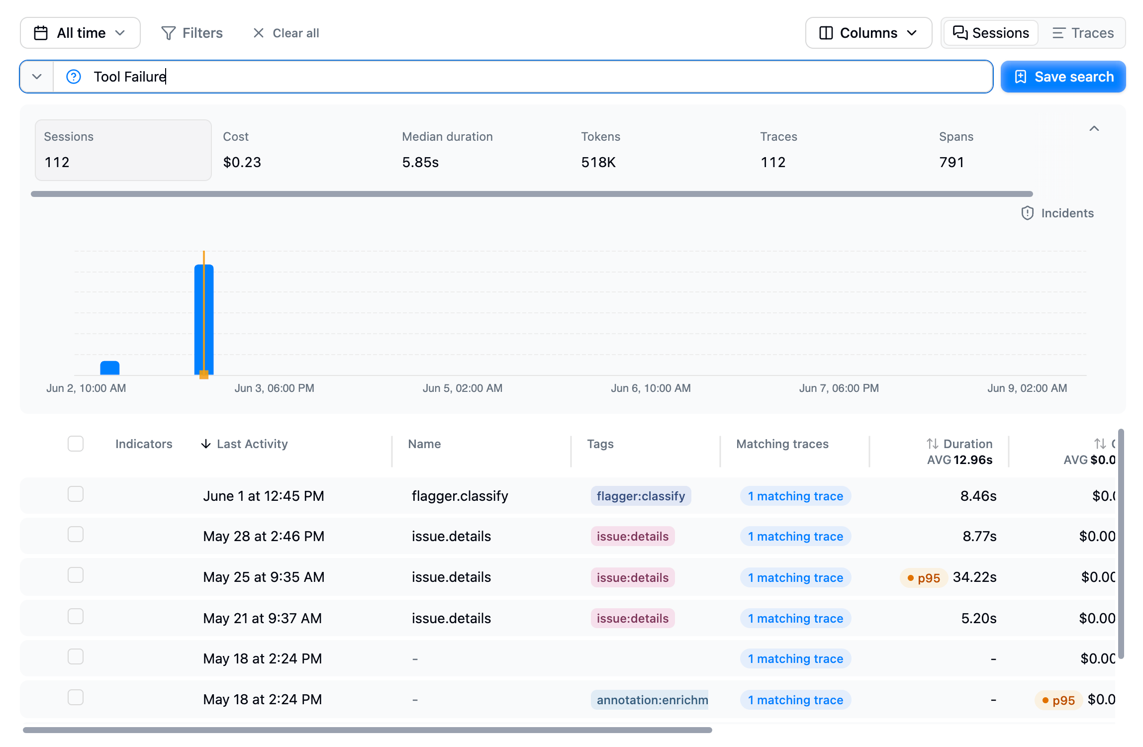 The Traces page with a search query active: the search bar, summary metrics, and matching results