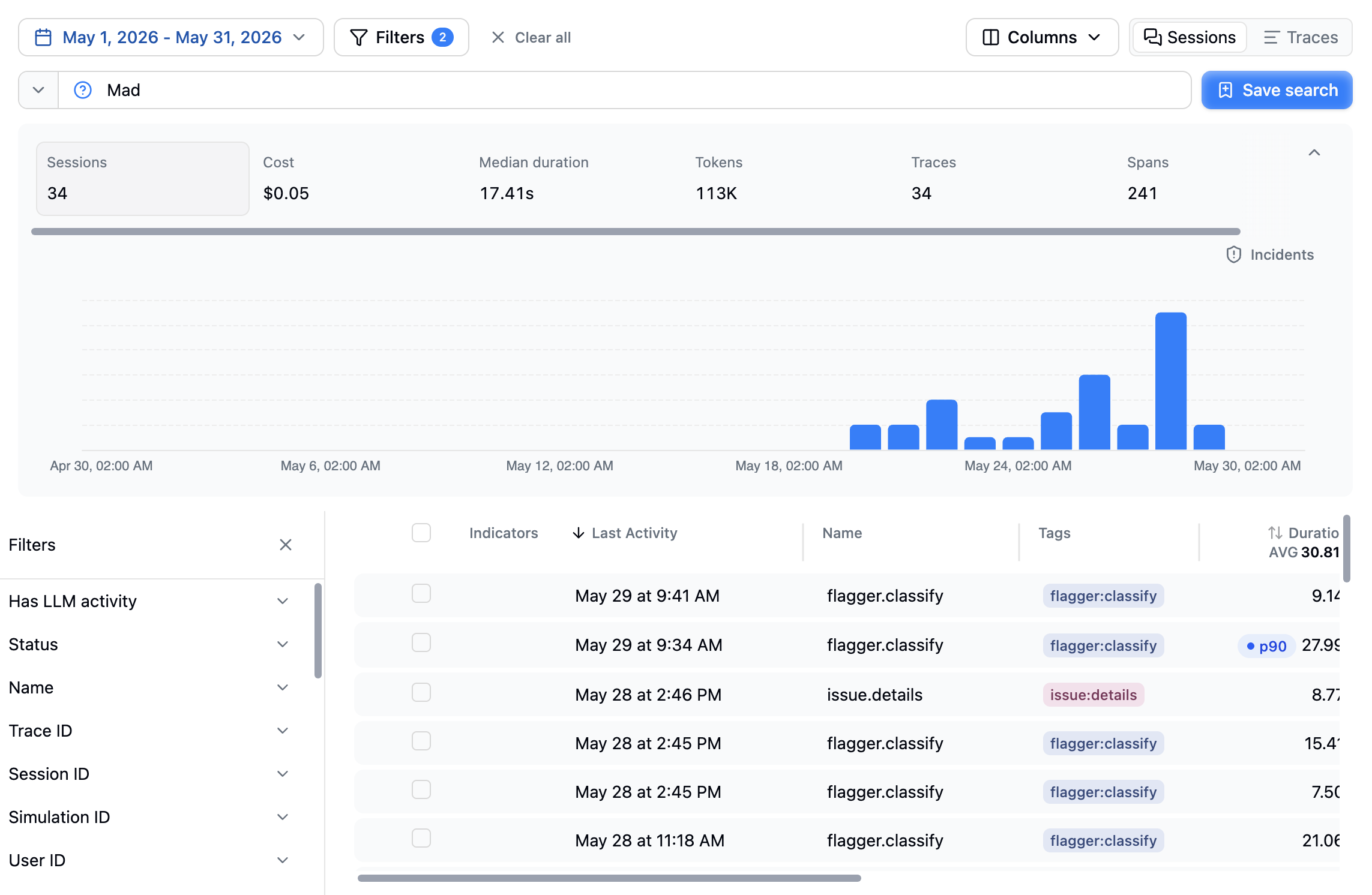 Search results on the Traces page with the filters panel open alongside the query