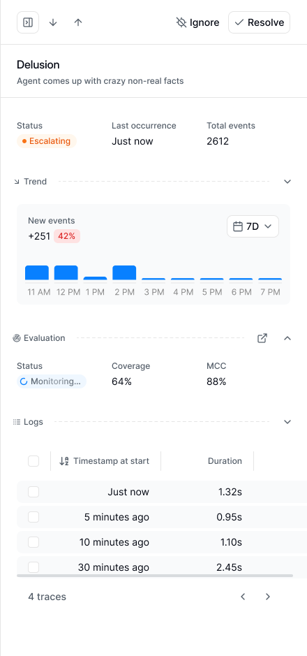 Signal detail page showing impact, status, trend, patterns, examples, linked evaluations, and trace logs