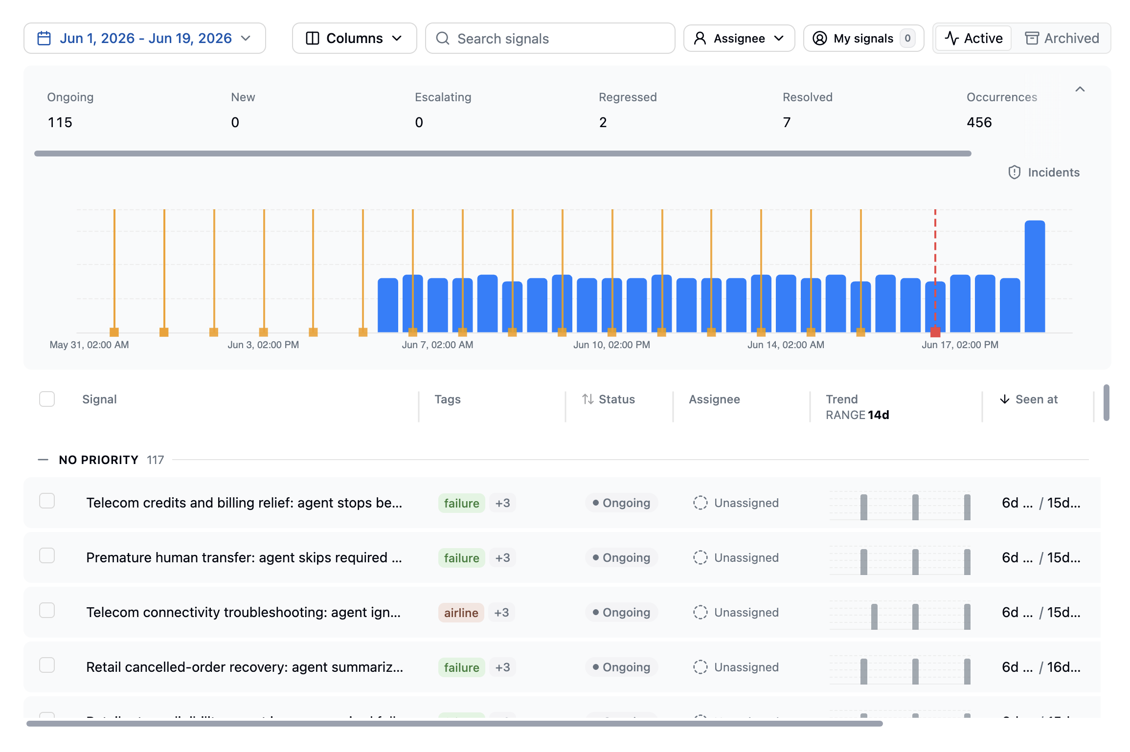 Latitude Signals page showing recurring production failure patterns