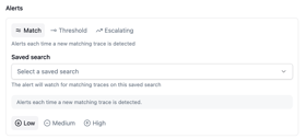 A Match alert card with the saved-search selector and severity options