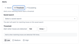 A Threshold alert card configured to alert when traces are detected 100 times