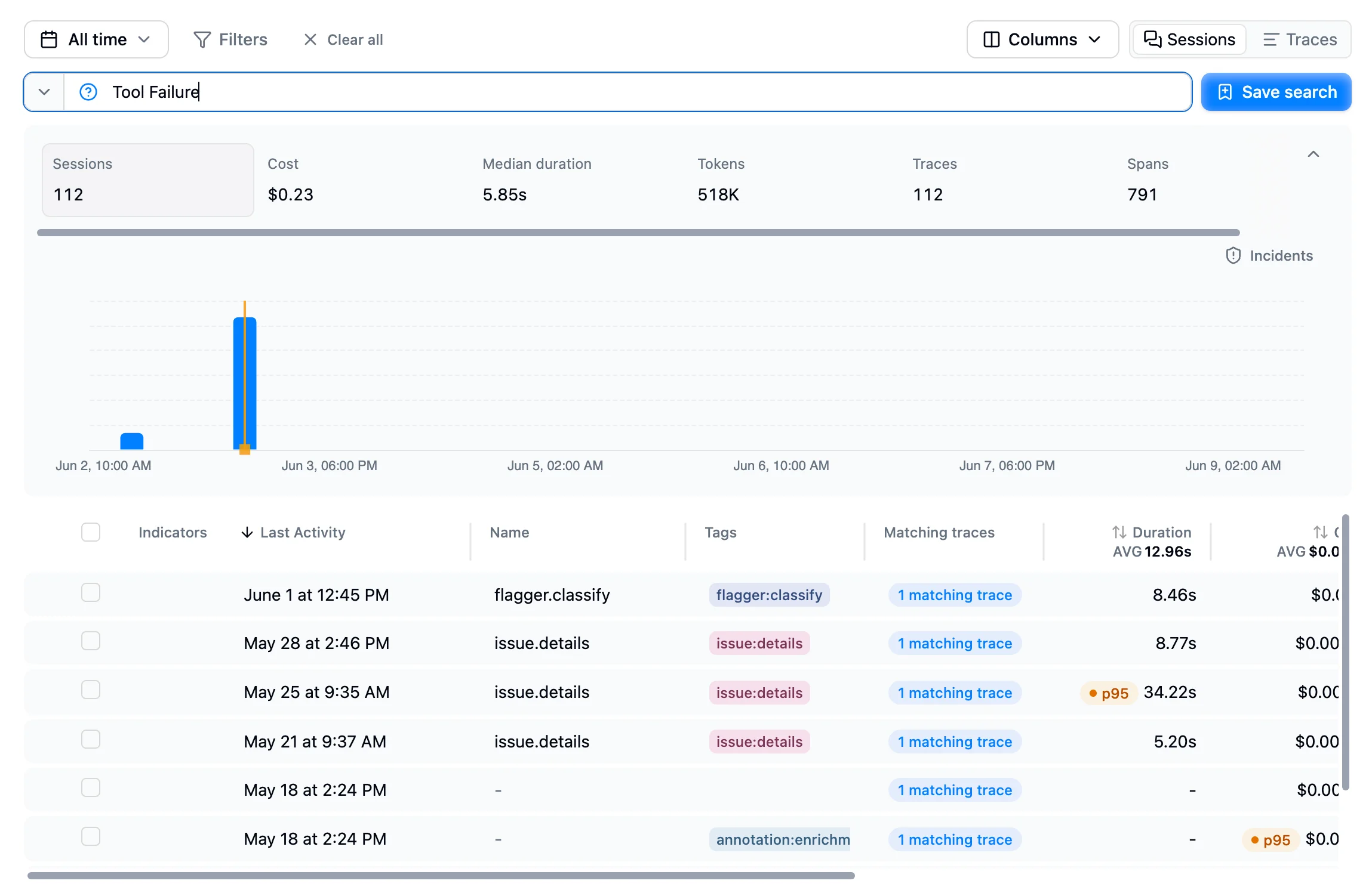 The Traces page with a search query active: the search bar, summary metrics, and matching results