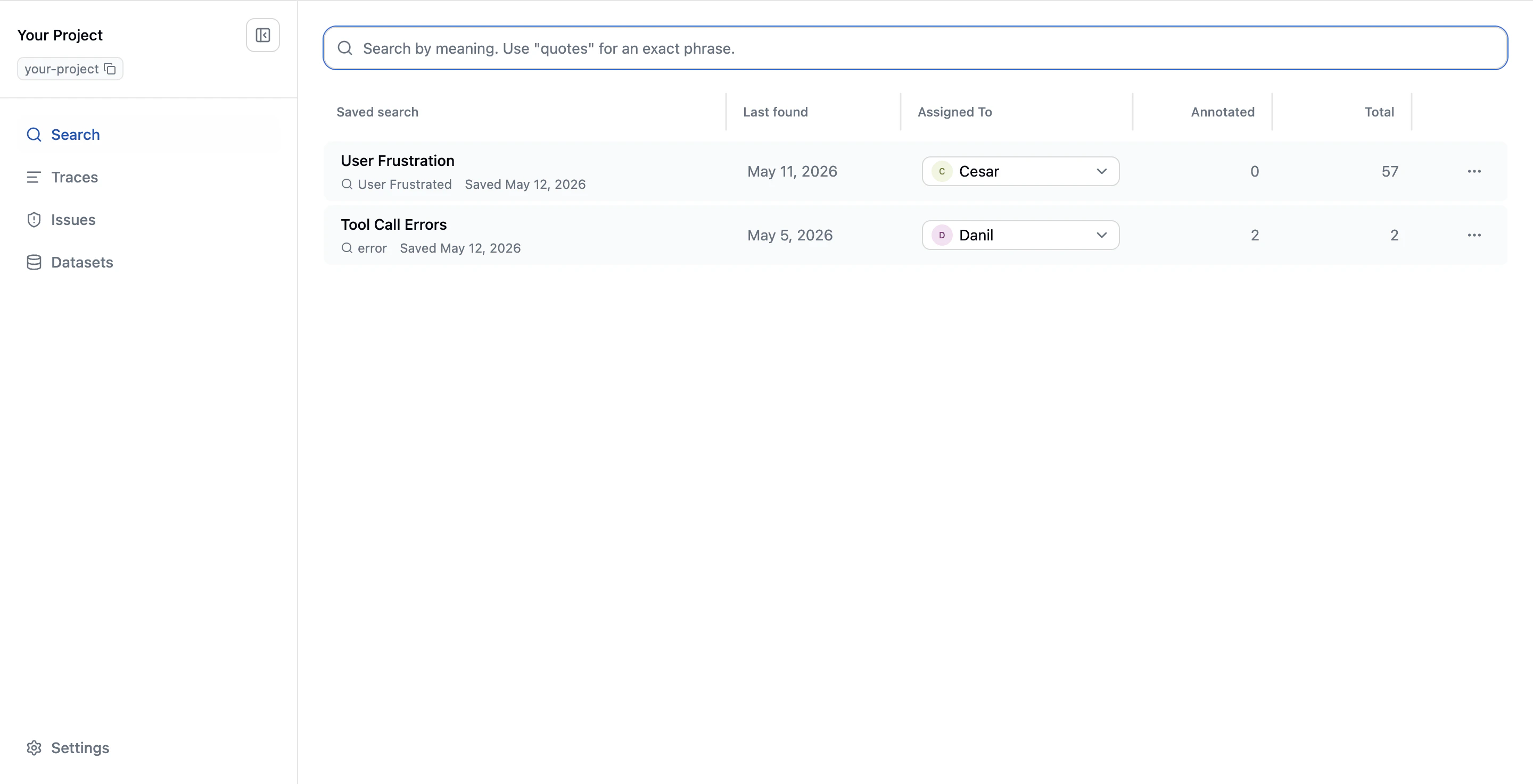 Search page showing a list of saved searches with last found, assignee, annotated count, and total count