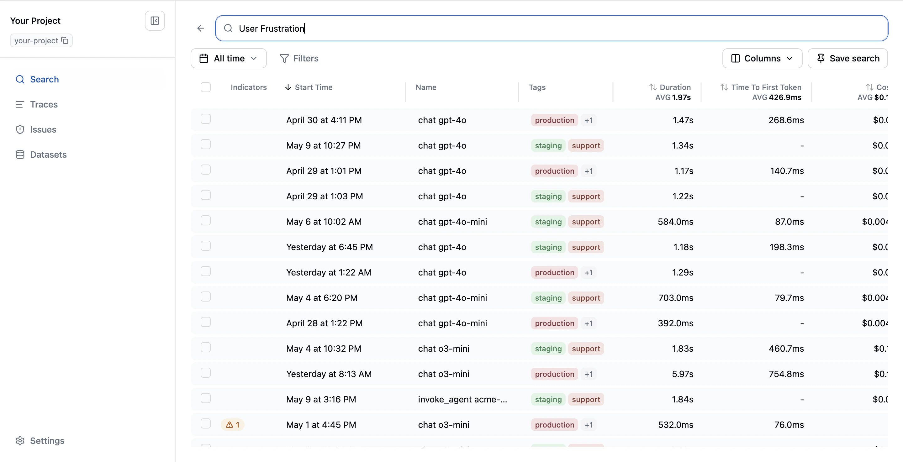 Search results showing traces ordered by relevance with filters and column controls