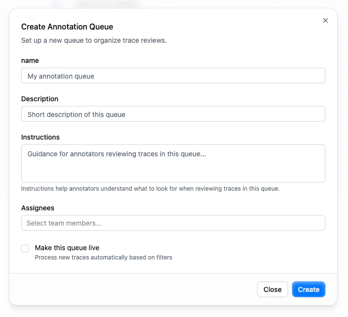 Create Annotation Queue dialog showing configuration fields
