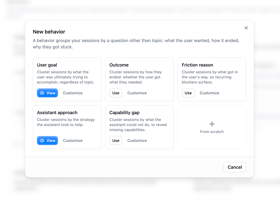 The new-behavior modal showing a grid of preset cards and an option to author a custom behavior
