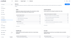 The Behaviors catalog page with cards for Topics, User goal, Assistant approach, and Capability gap, each showing a preview of its top groups and a session count