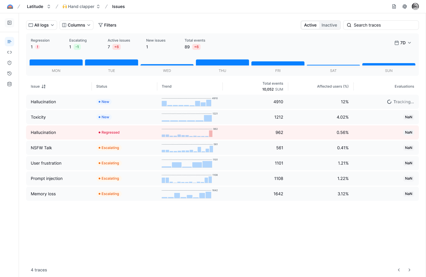Signals page showing discovered failure patterns with status, trends, and occurrence data