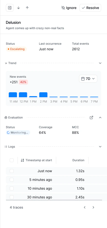 Issue detail drawer showing status, trend, linked evaluation, and trace logs