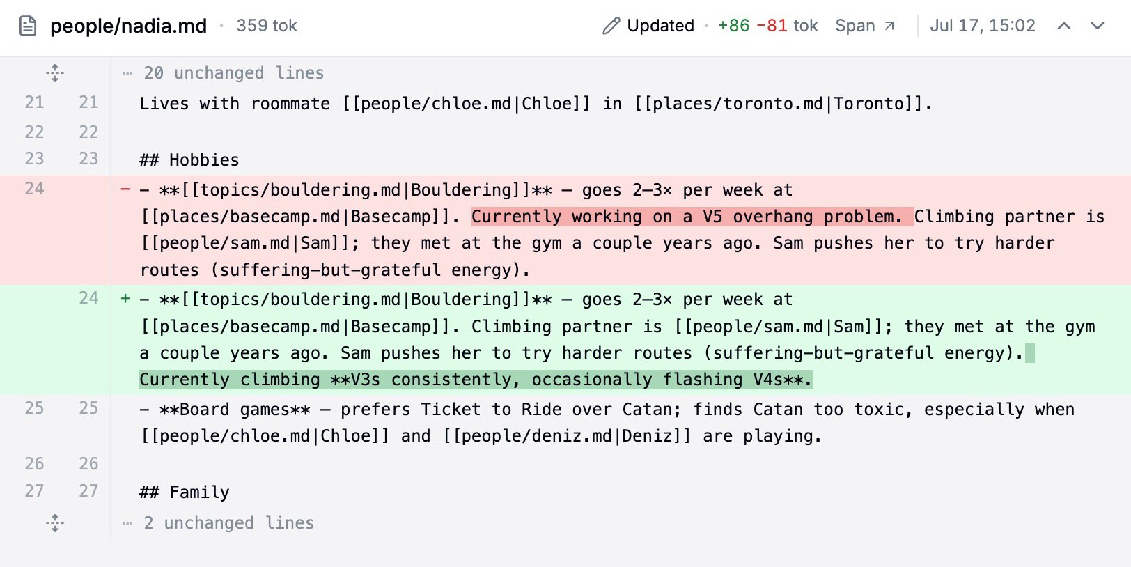 A memory record change shown as a unified diff with per-word highlighting and a token summary