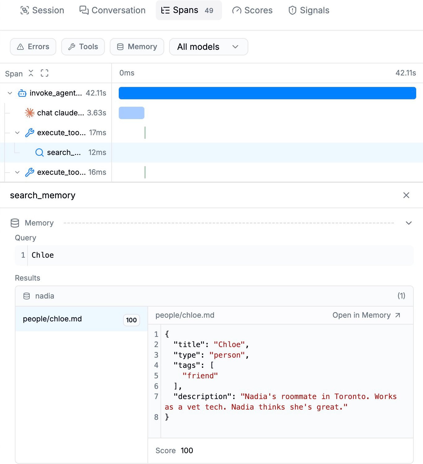 A search_memory span on the Spans tab, showing the query and the records it returned with relevance scores
