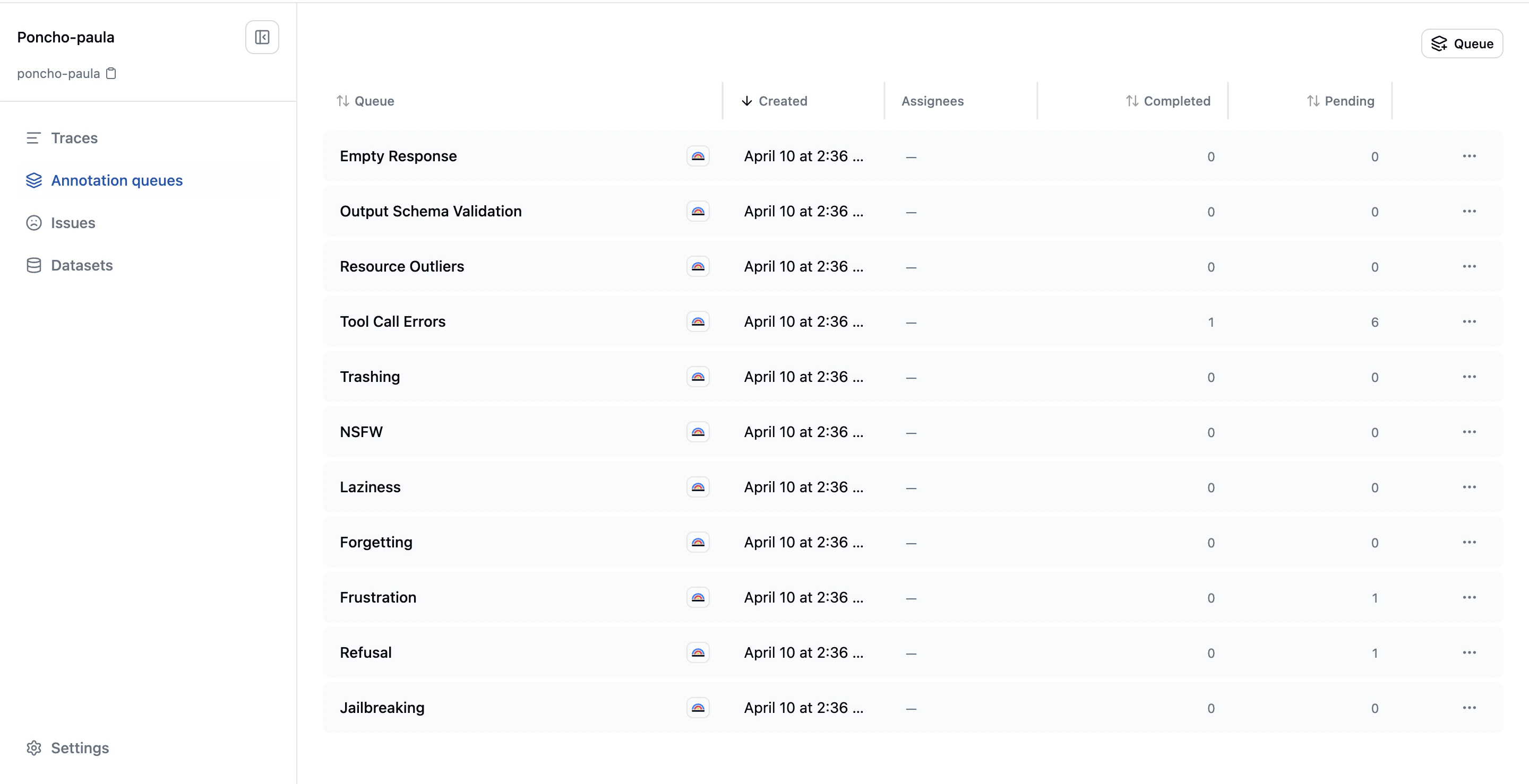 Annotation queues page showing system queues