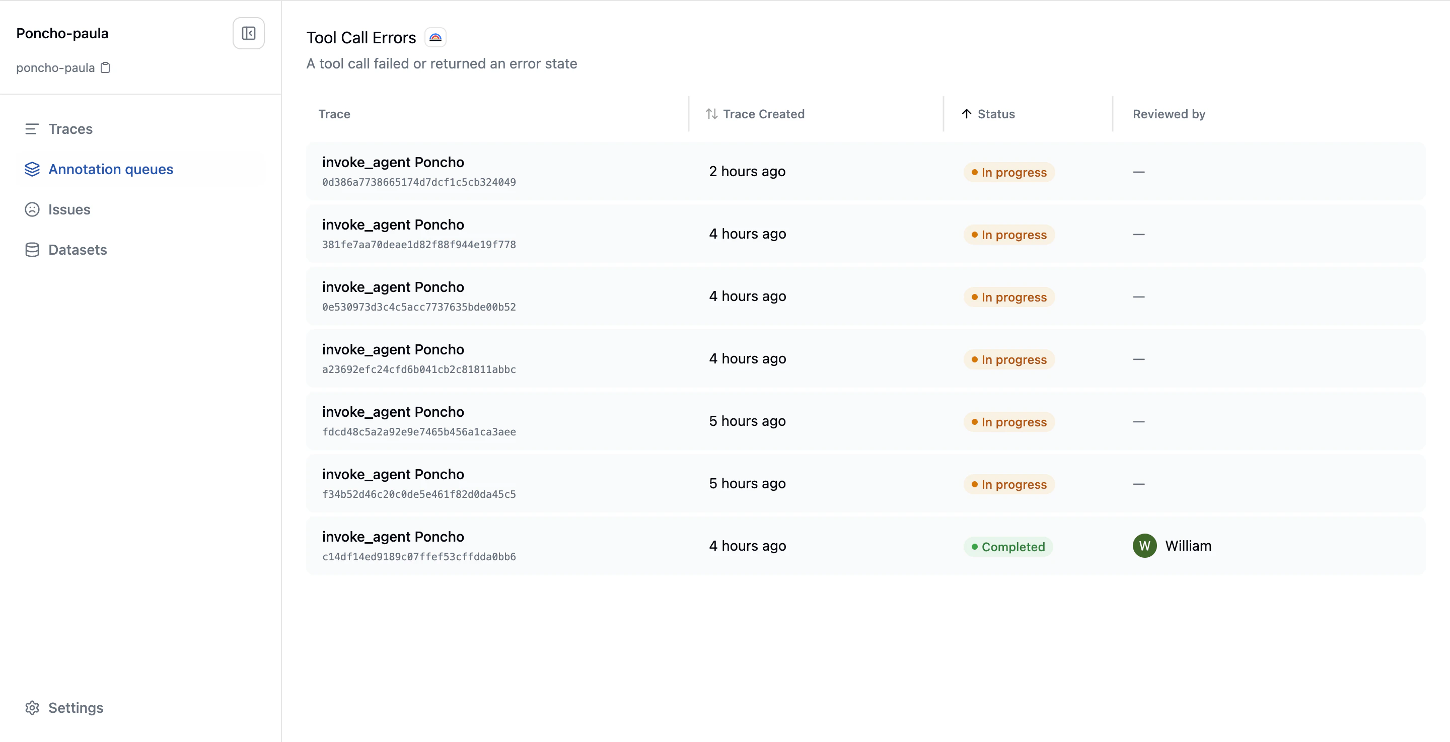 Queue items list showing traces pending review with status and reviewer columns