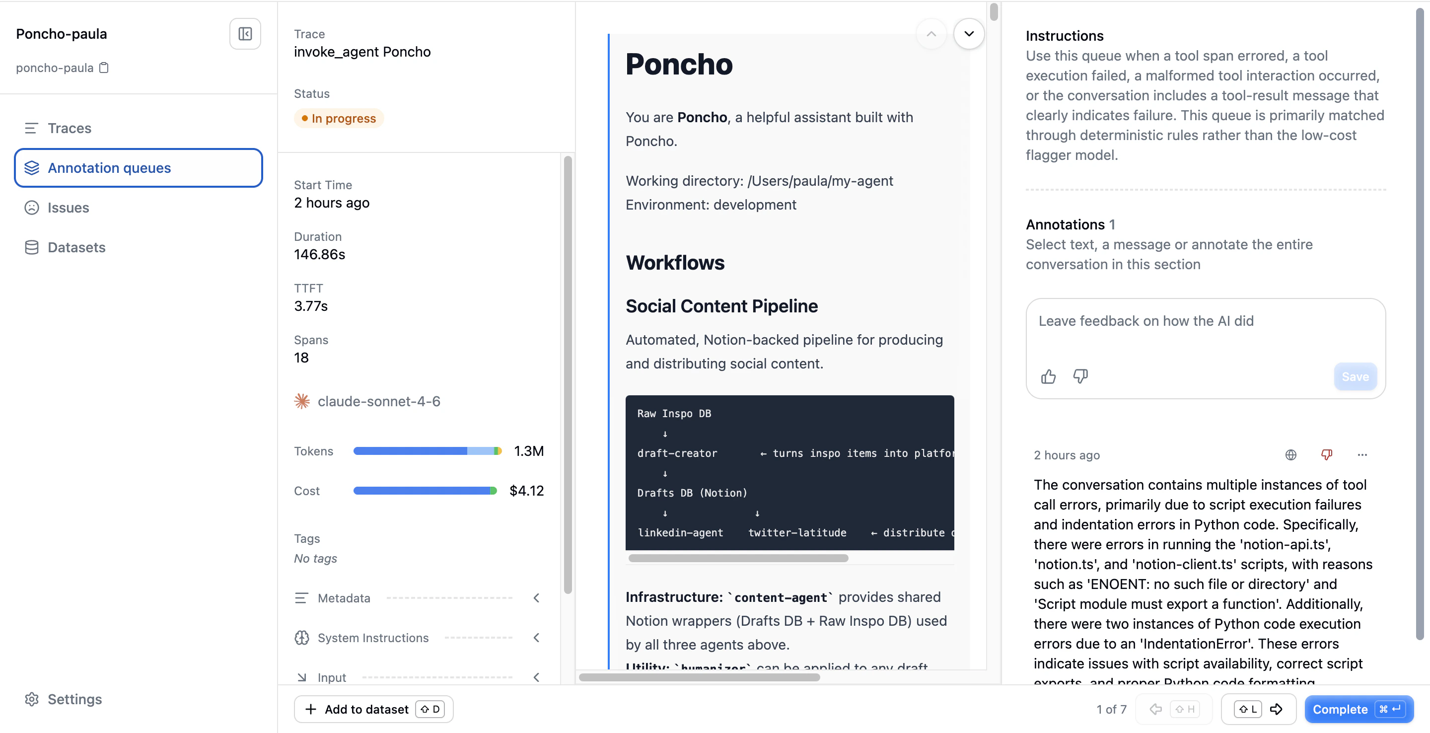 Queue review screen showing metadata, conversation, and annotation panels
