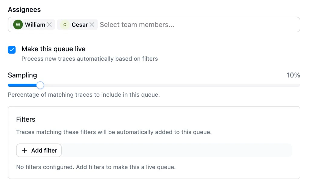 Live queue configuration showing assignees, sampling slider, and filters