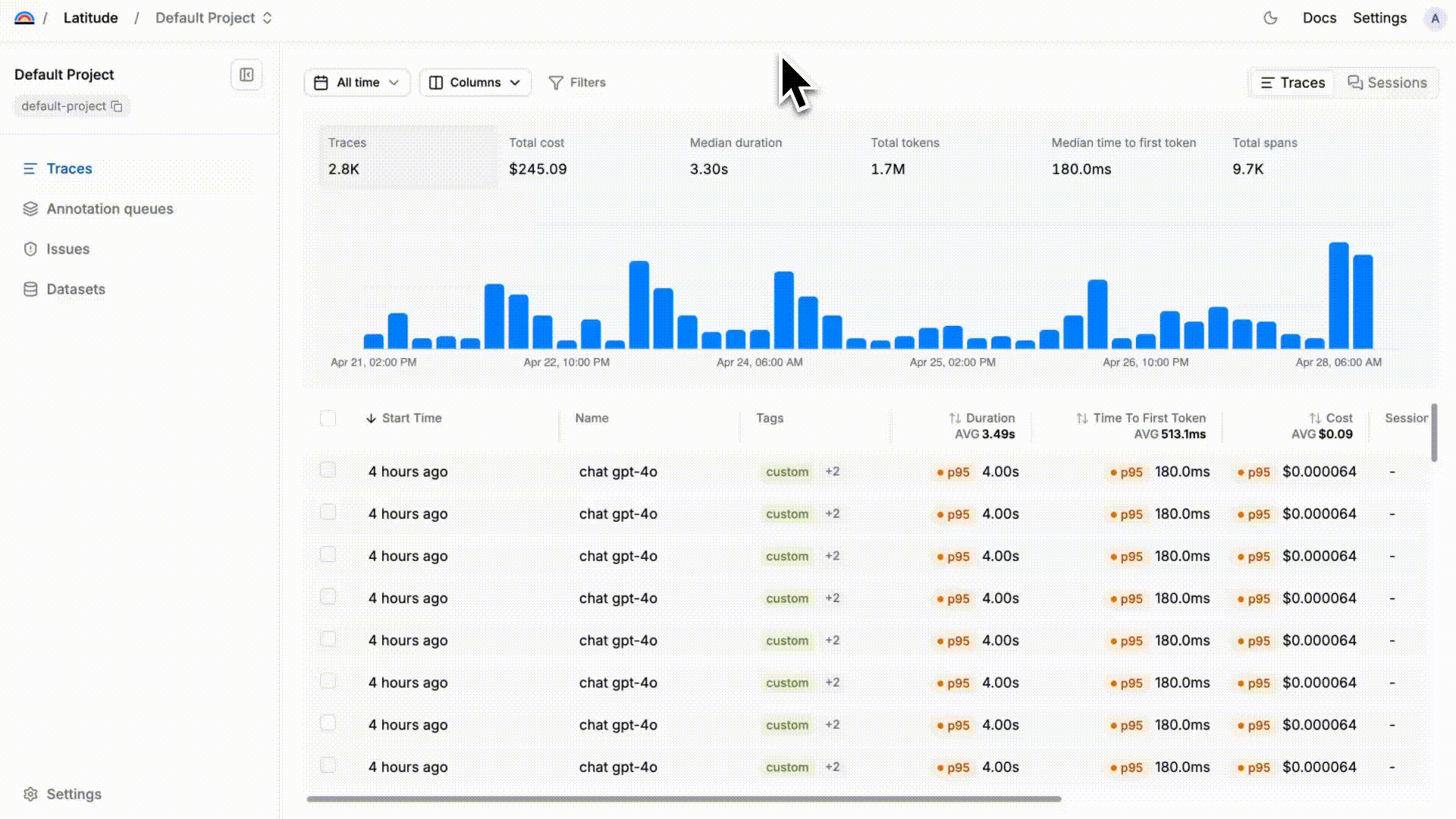 Demo of the Latitude UI showing LLM observability, issue tracking, and evaluations