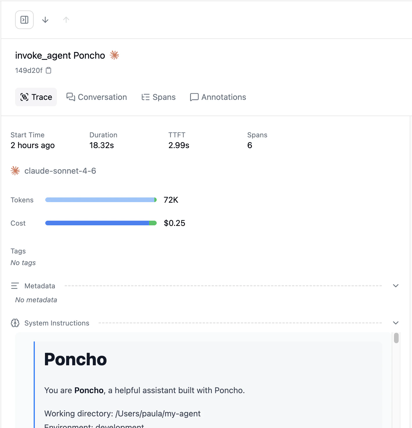 Trace detail view showing conversation, span tree, and metadata