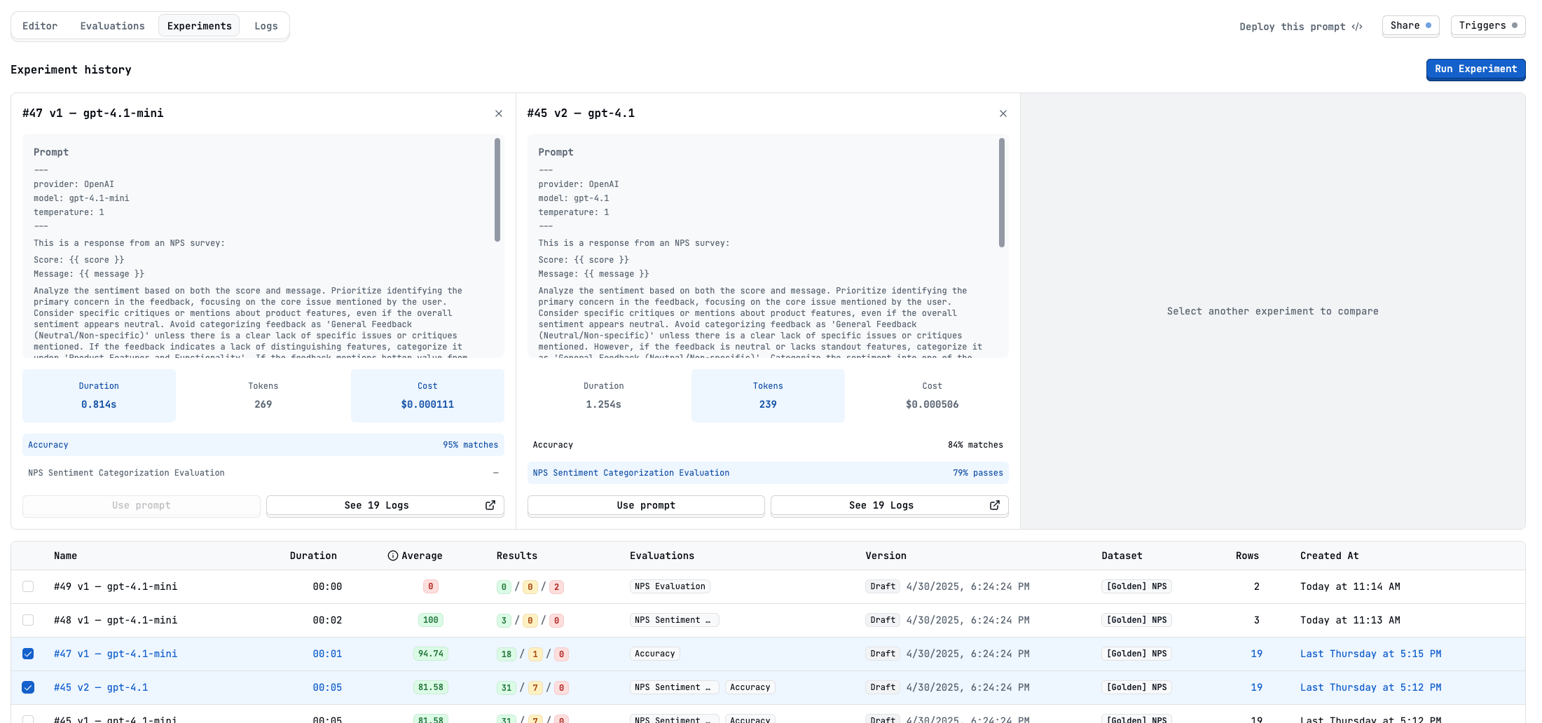 Experiments tab comparison