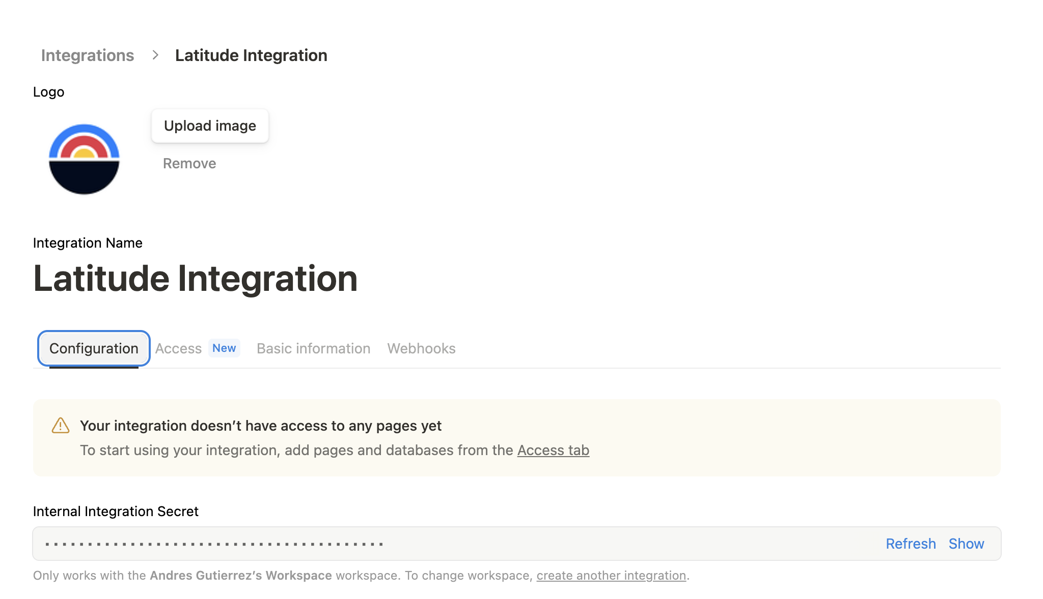 Notion integration token