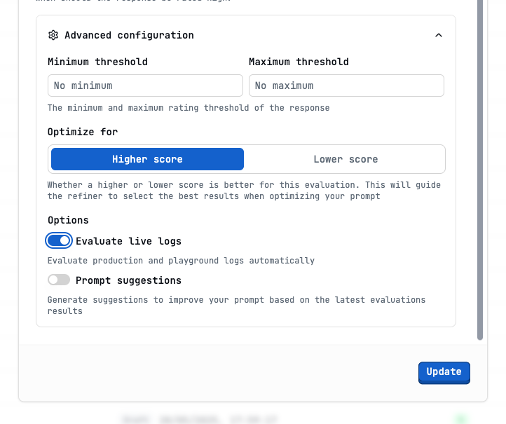 Live logs configuration
