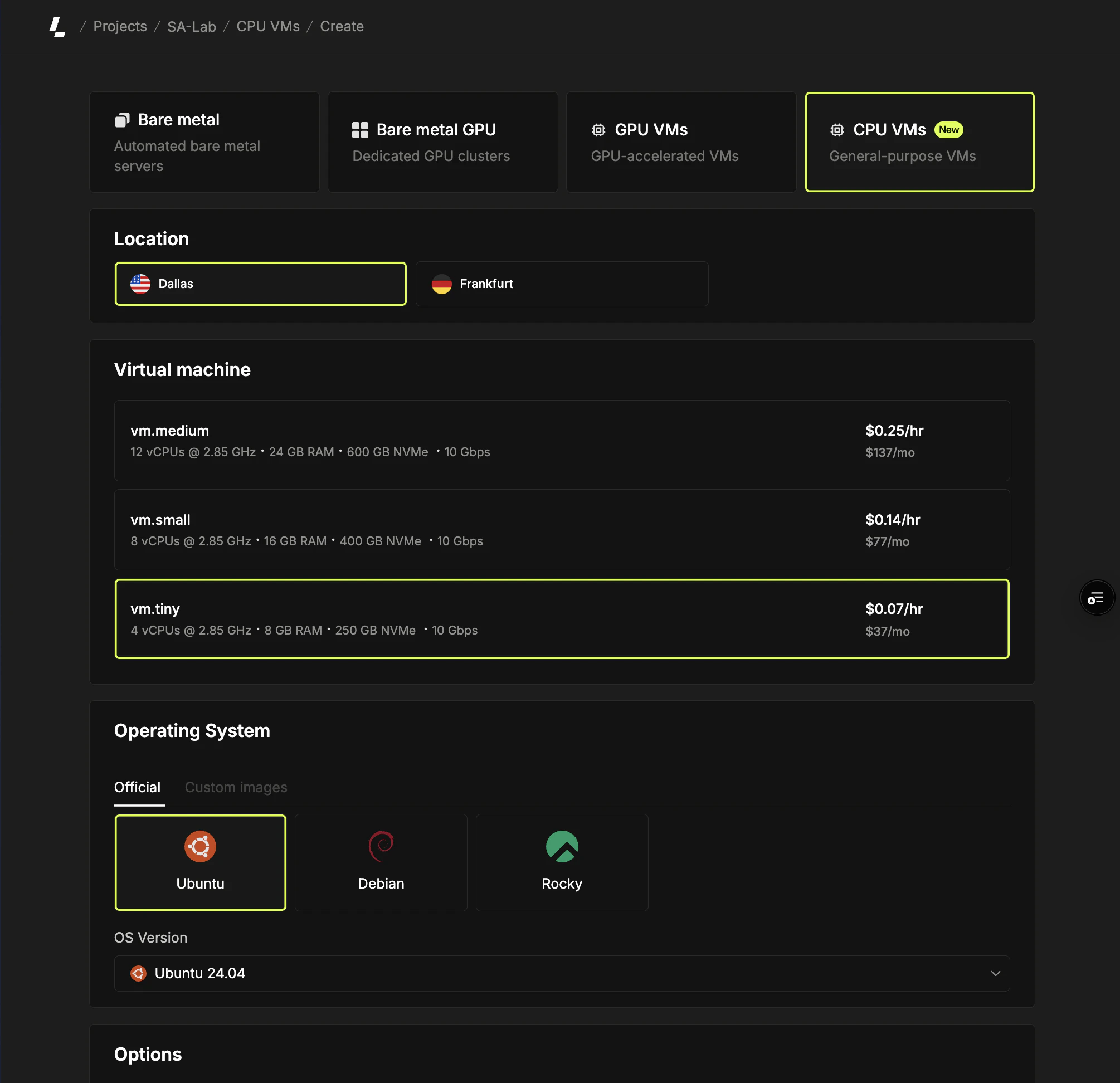 CPU instance deployment page