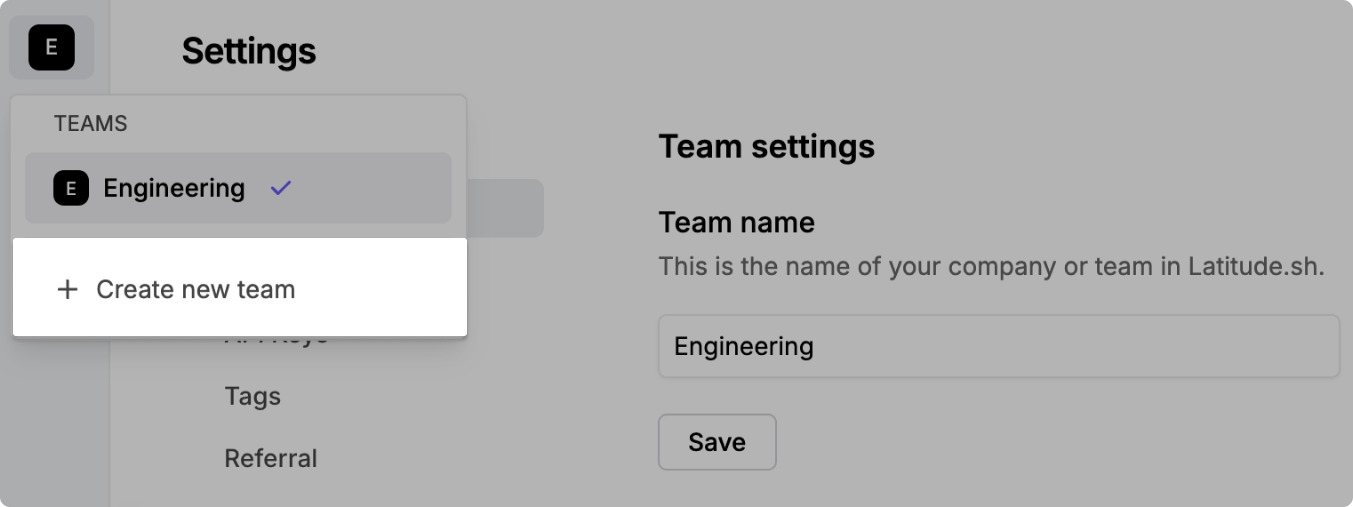 Team selector dropdown in the top left corner with Create new team option highlighted