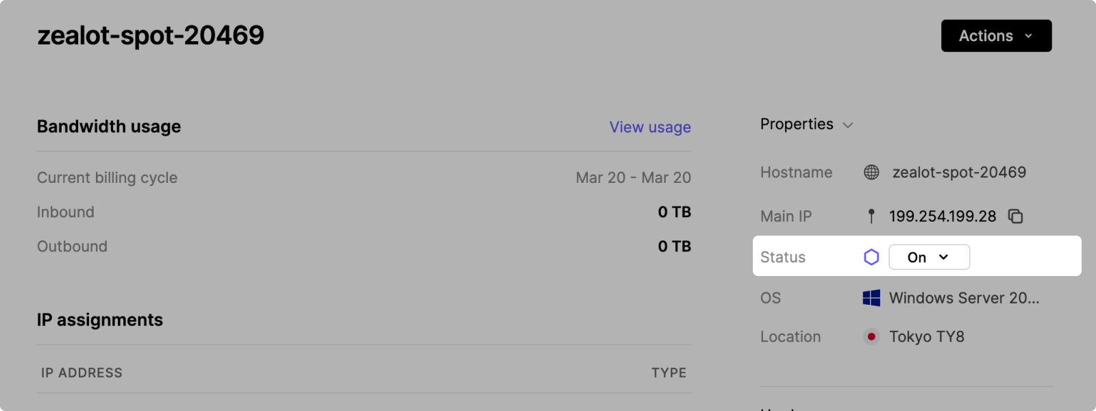 Power cycling a server from the Latitude.sh dashboard.