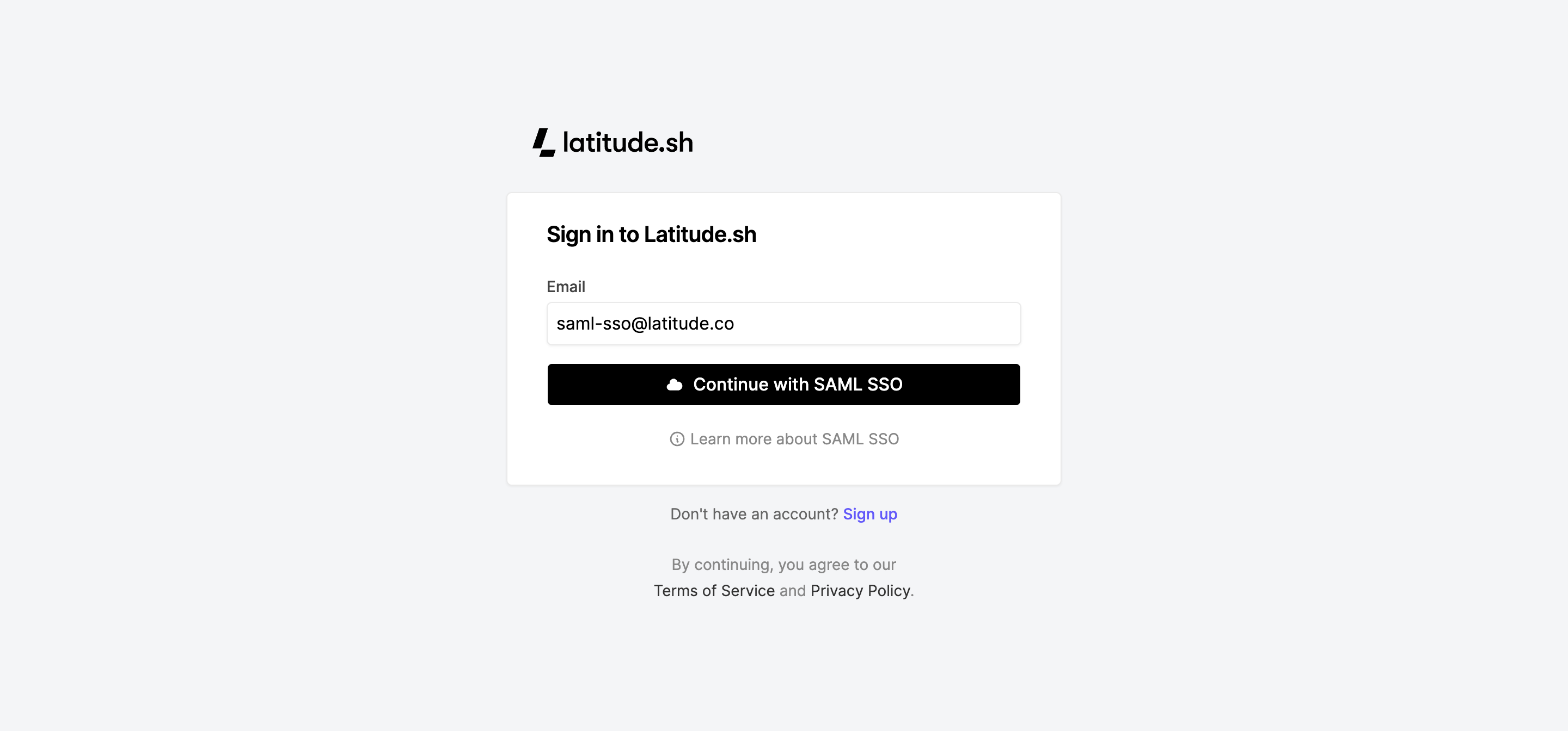 SAML SSO login page showing email field and Continue with SAML SSO button