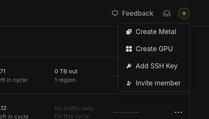 Add menu with Create Metal, Create GPU, Add SSH Key, and Invite member