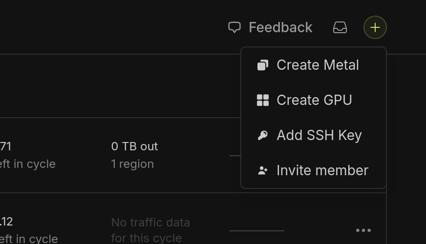 Add menu with Create Metal, Create GPU, Add SSH Key, and Invite member