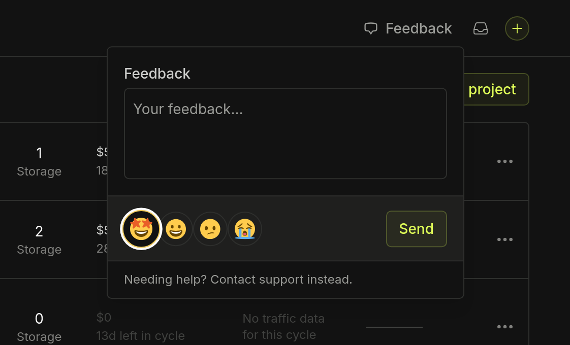 Feedback popover with a text box, emoji reactions, and the Send button