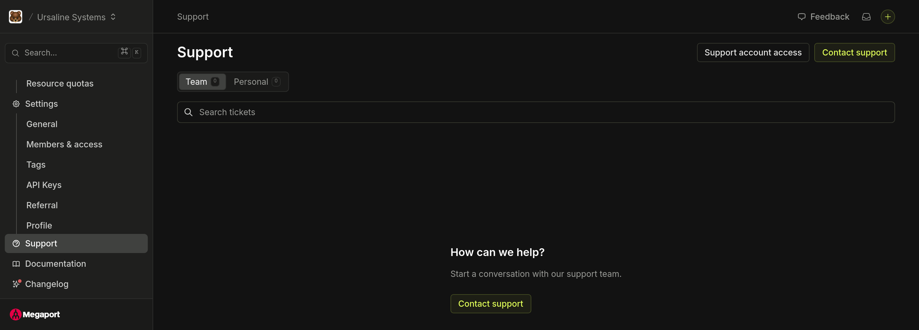 Support page on the Team tab, with Support account access and Contact support