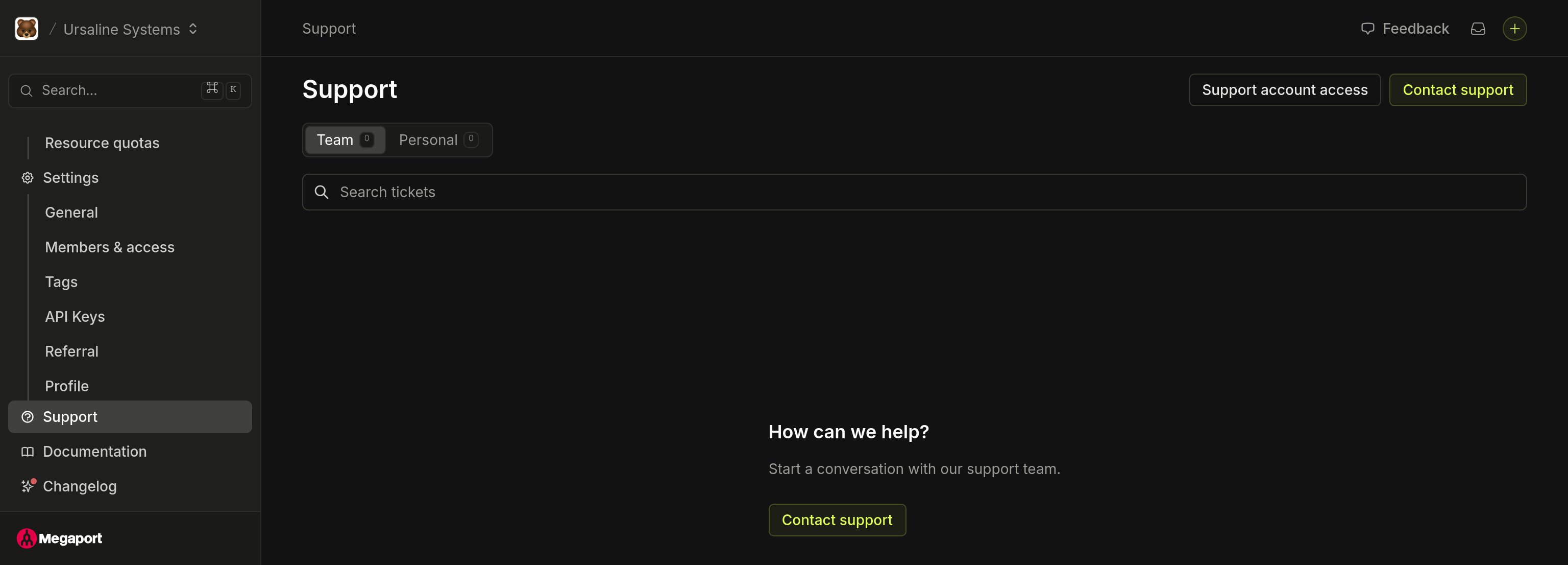 Support page on the Team tab, with Support account access and Contact support