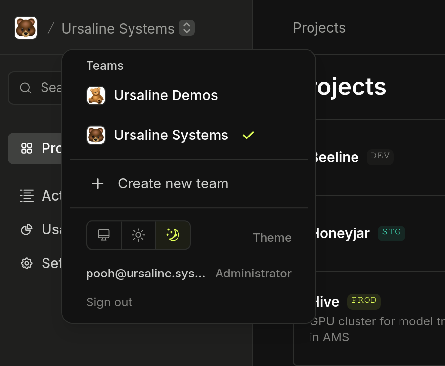 Team switcher menu with the list of teams, Create new team, Theme, account, and Sign out