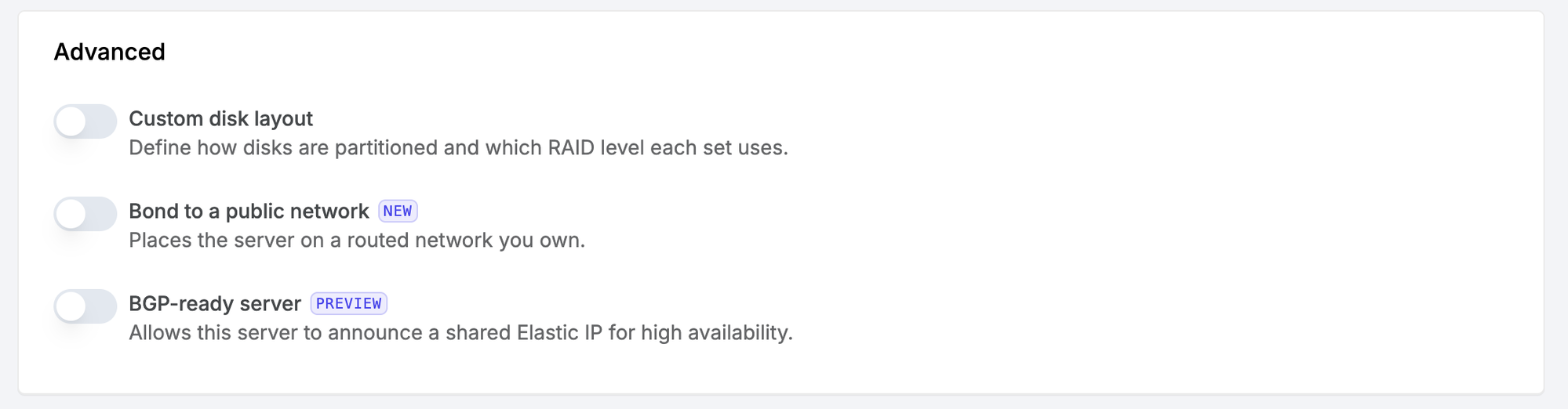 Advanced server options with the BGP-ready server toggle
