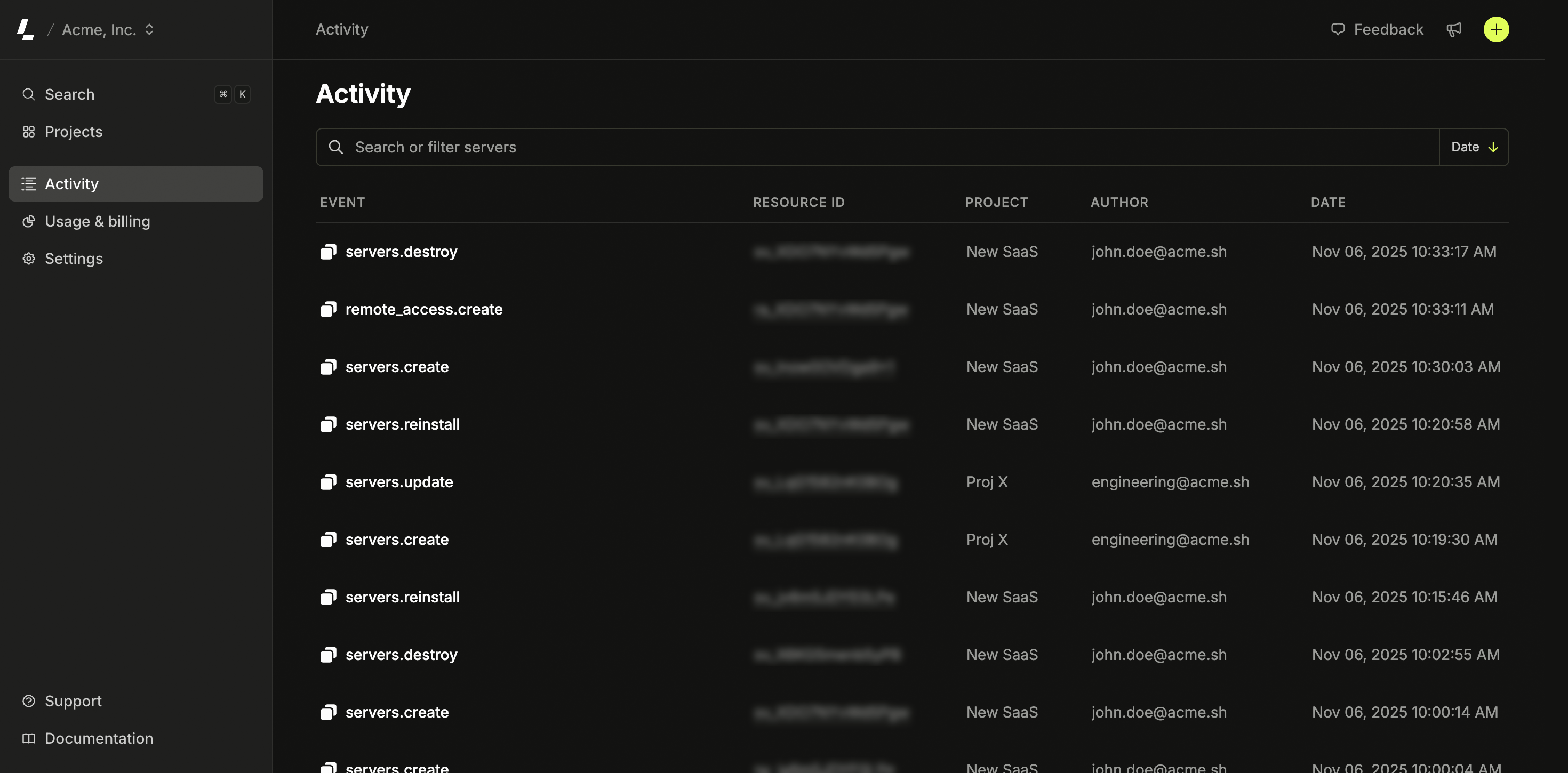 Activity logs on the Latitude.sh dashboard
