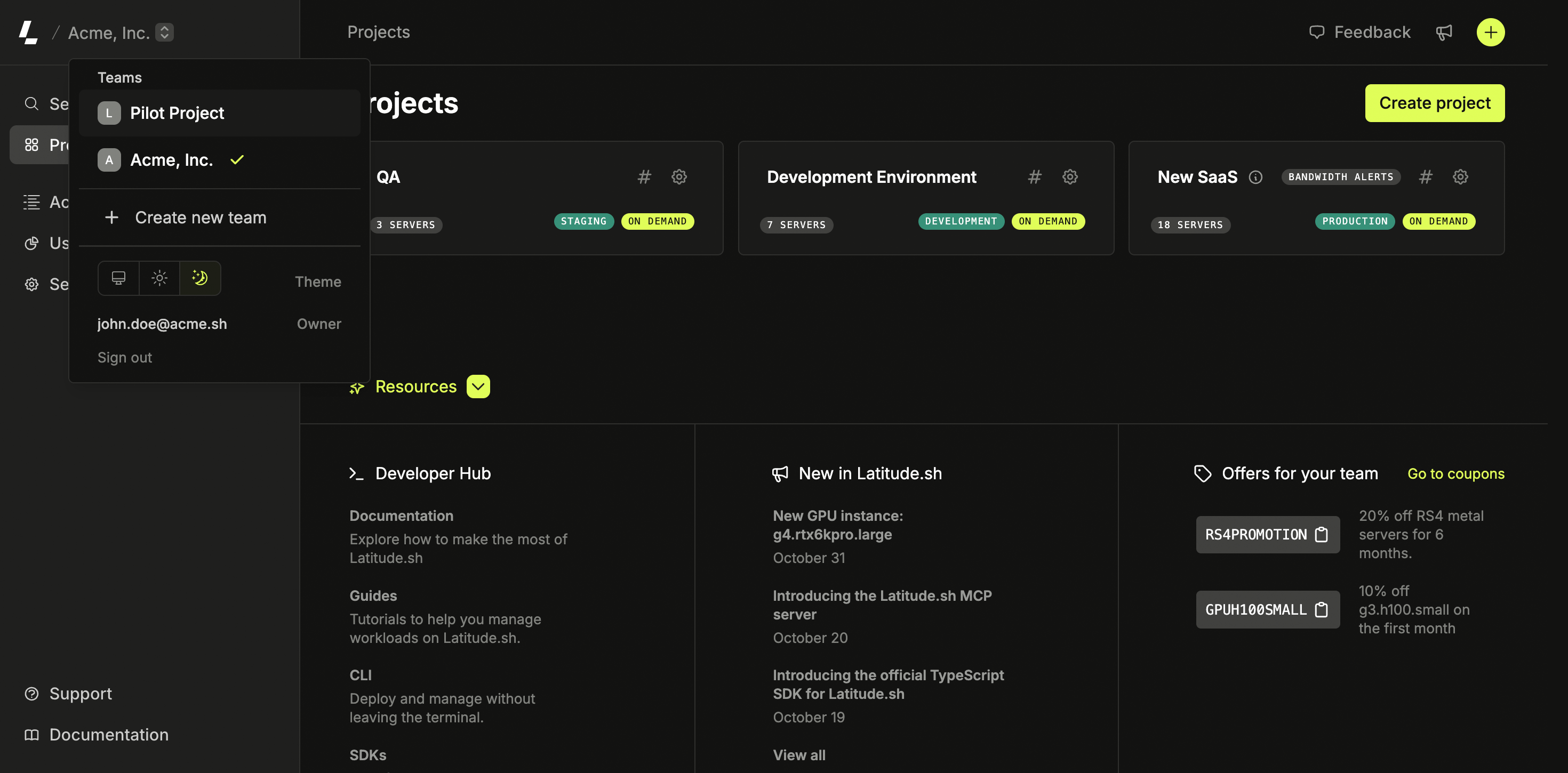 Team selector dropdown in the top left corner with Create new team option highlighted