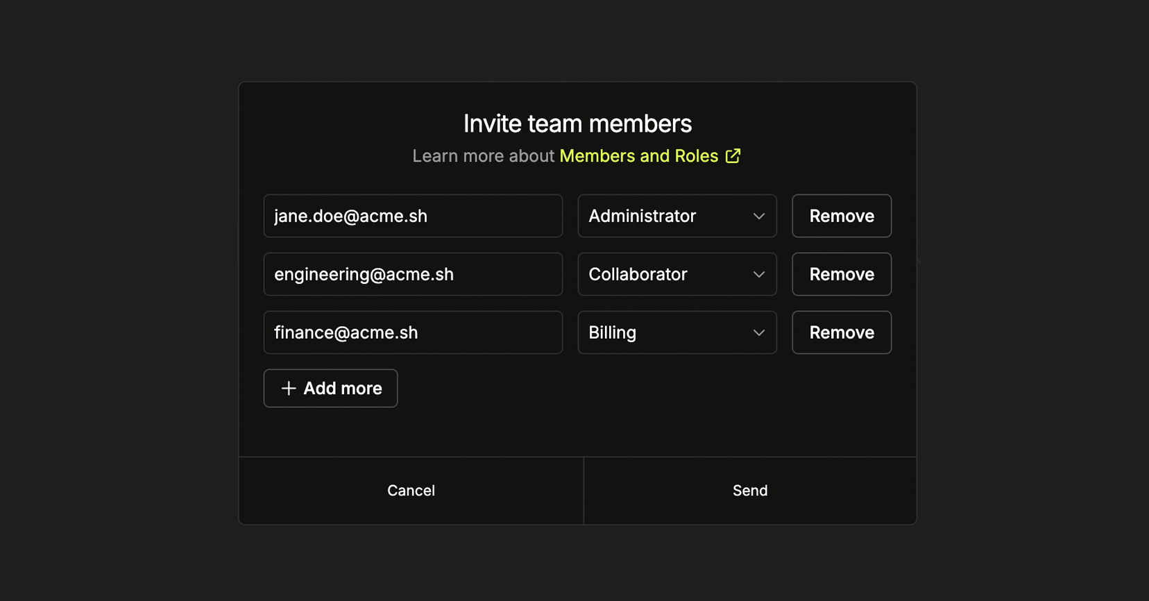 Team member invitation form showing email field, role dropdown selection, and Send button