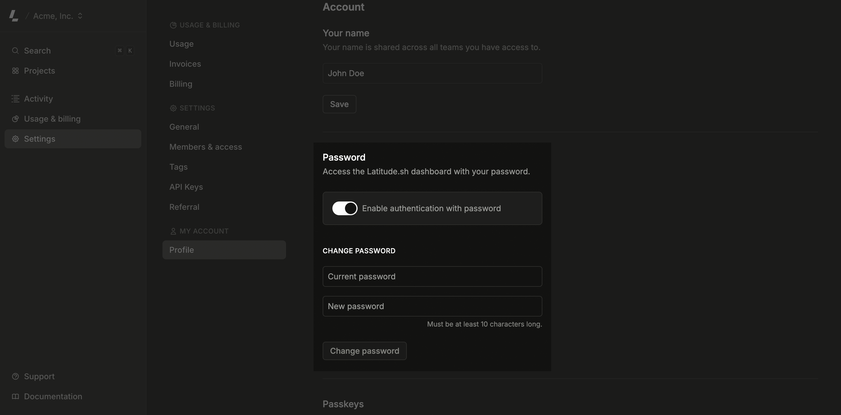 Password authentication settings