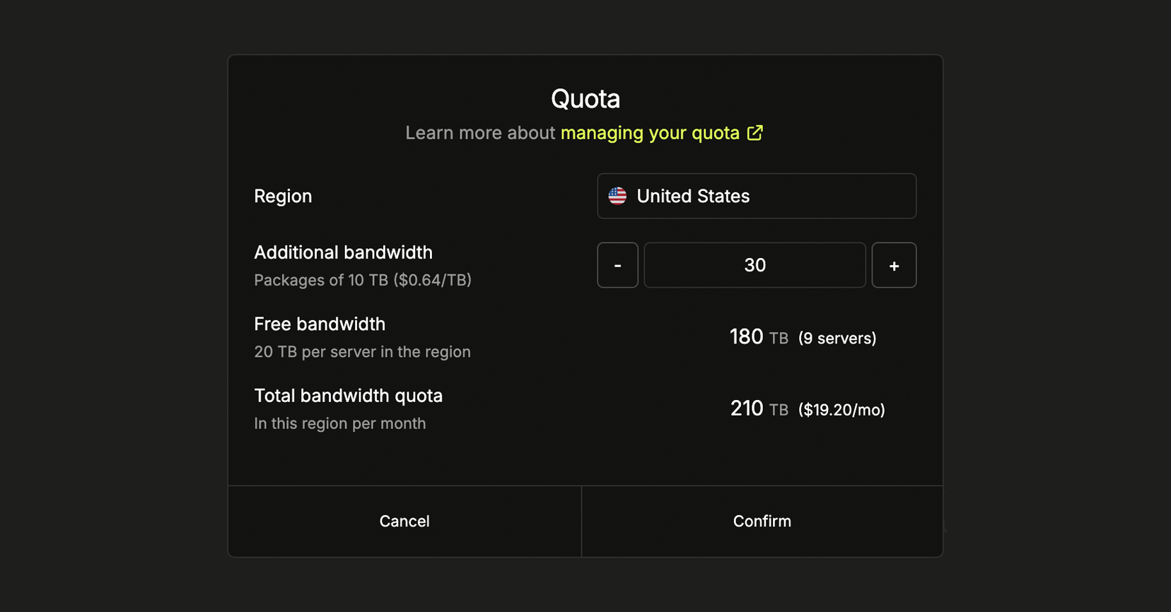 Bandwidth quota management interface showing options to increase or decrease quota in 10 TB increments