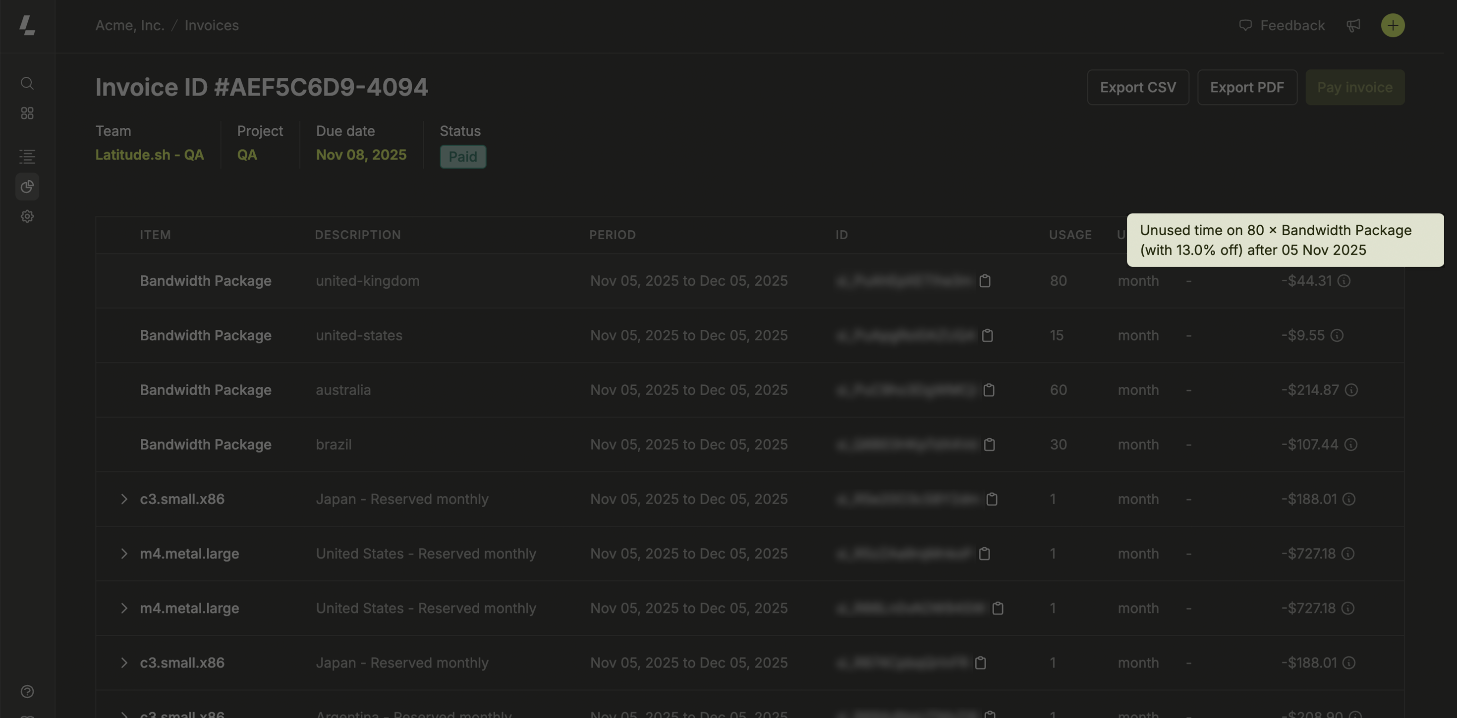 An invoice with Remaining and Unused time line-items.