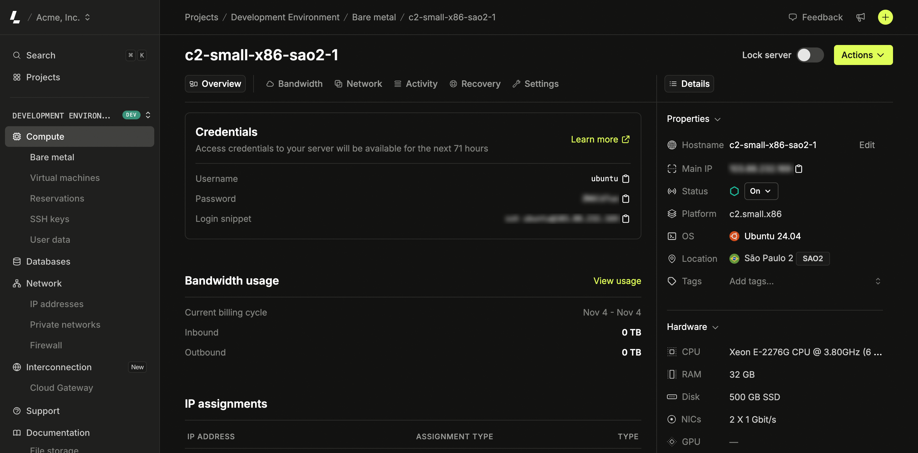 Server credentials section on the dashboard