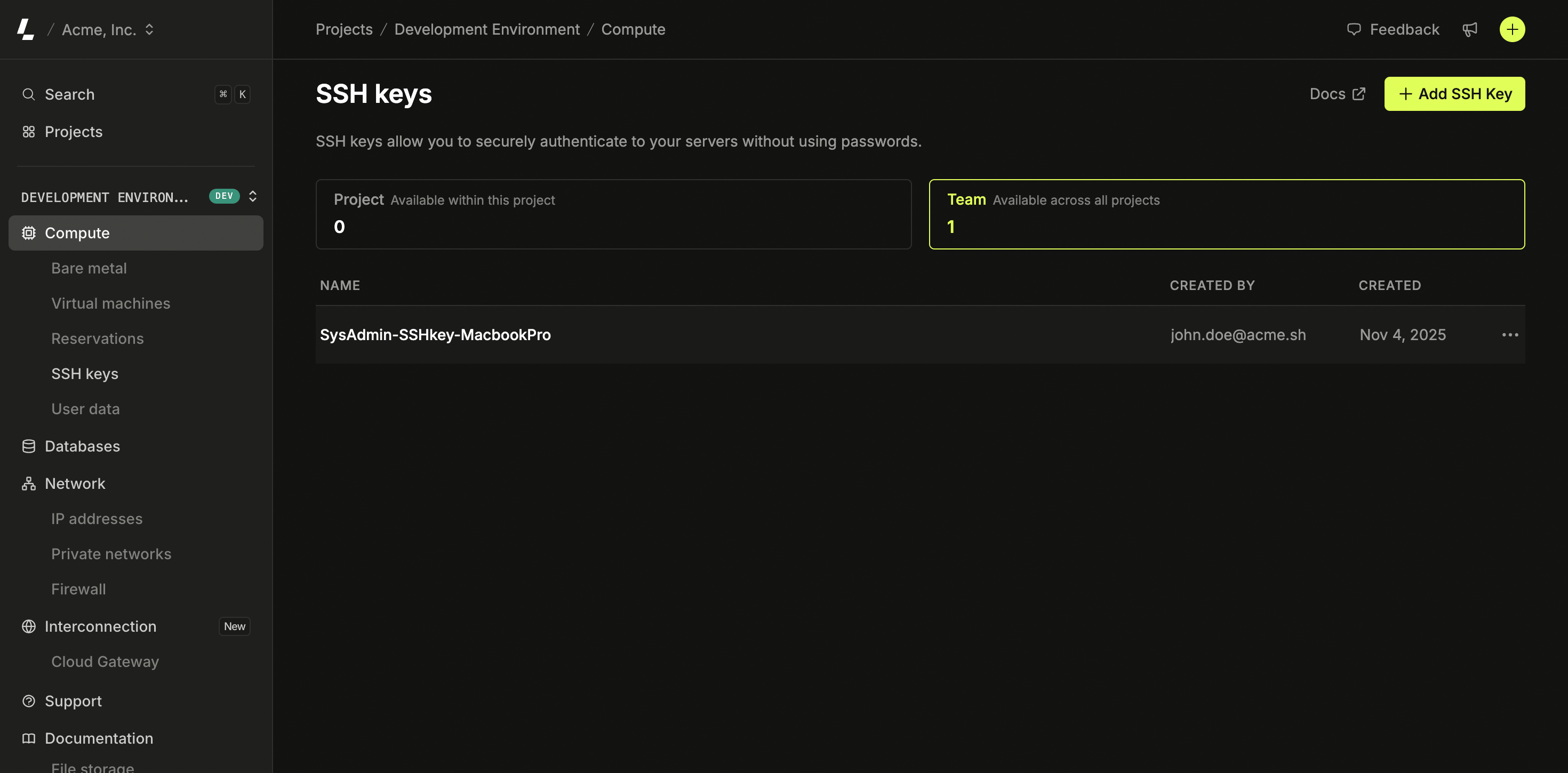 SSH keys management page