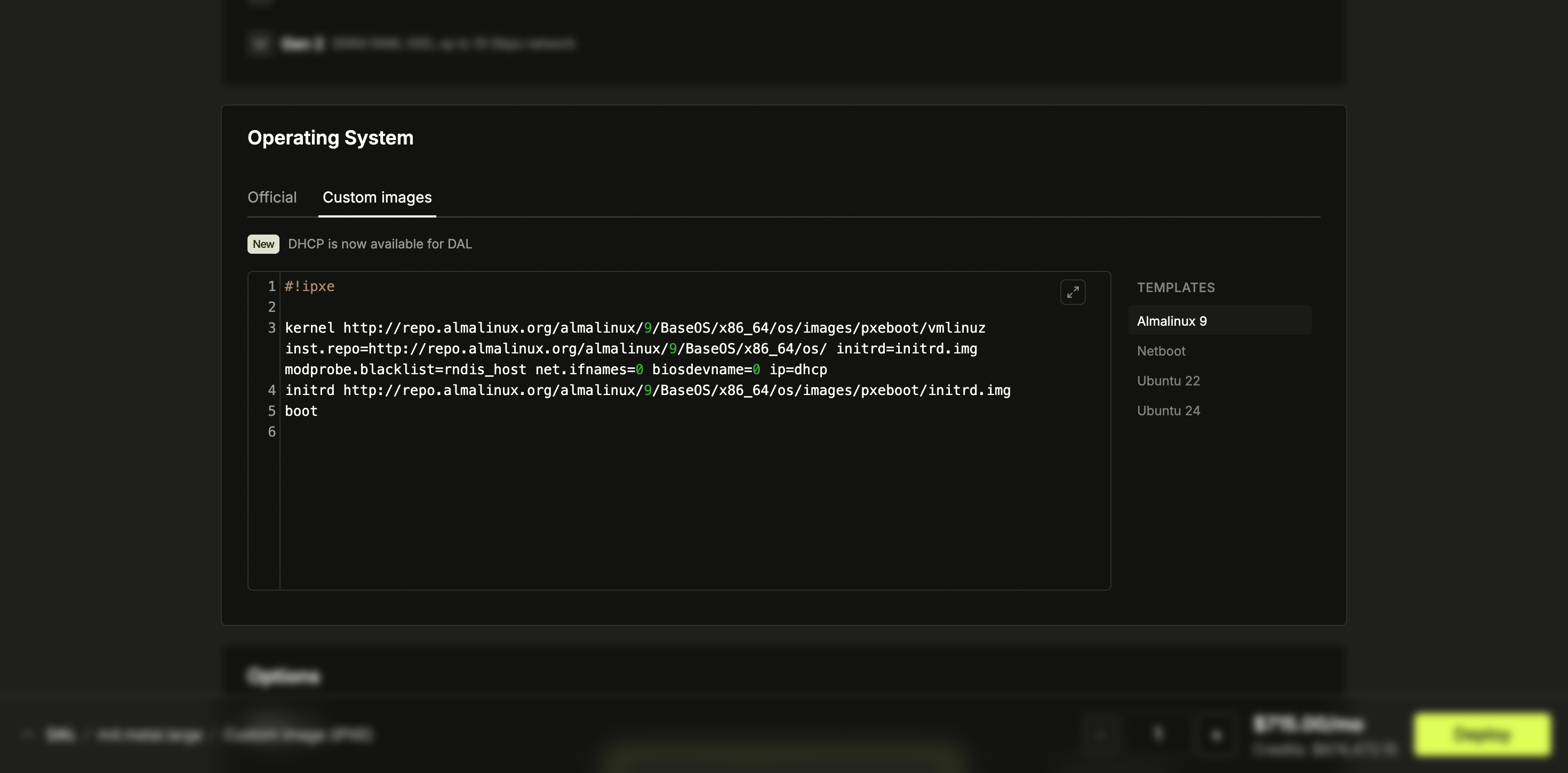 Custom image selection on the Latitude.sh dashboard