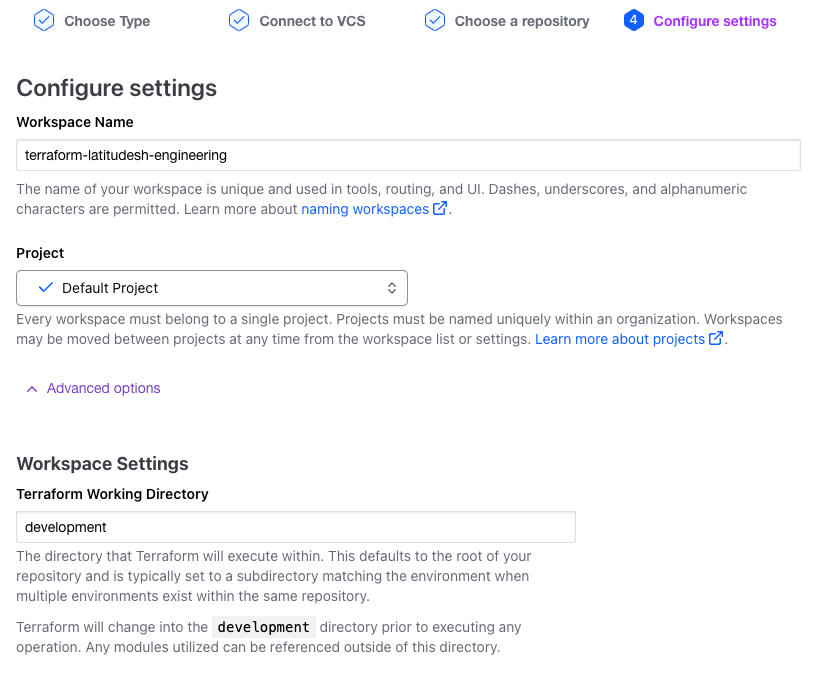 Terraform Cloud workspace setup advanced options
