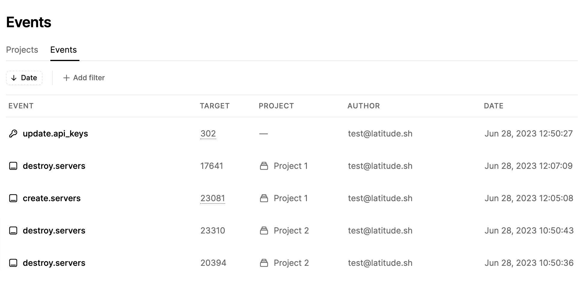 Activity logs on the Latitude.sh dashboard